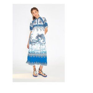 FARM Rio Blue & White "Beach Palm" midi/maxi dress, size small